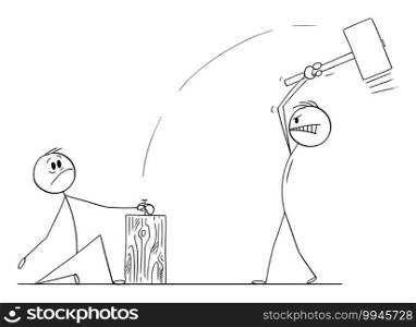 Stressed man is holding nail, while his colleague with big hammer is trying to drive or knock it,concept of teamwork, vector cartoon stick figure or character illustration.. Stressed Man is Holding Nail, While Colleague With Big Hammer is Going to Knock it, Concept of Teamwork, Vector Cartoon Stick Figure Illustration