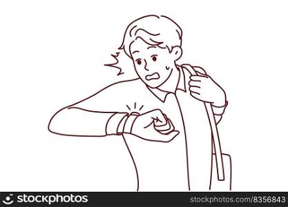 Stressed man look at wristwatch being late for work. Unhappy guy check time worry about missed deadline. Time management. Vector illustration.. Stressed man worry about deadline