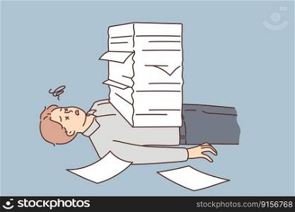 Stressed man lying under stack of paperwork suffer from job burnout. Overworked male employee overwhelmed with documents pile. Vector illustration. . Stressed man lying under paperwork pile 