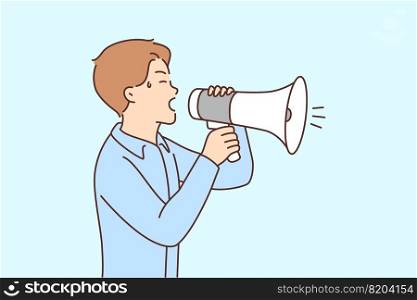 Stressed man scream in megaphones. Unhappy distressed guy shout in loudspeaker make announcement attract attention. Vector illustration.. Unhappy man scream in loudspeaker