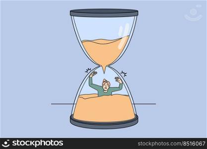 Stressed man sinking in sandglass losing time. Male in despair in hourglass miss deadline. Time organization and schedule. Vector illustration.. Stressed man sinking in hourglass