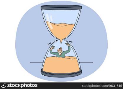 Stressed man sinking in sandglass losing time. Male in despair in hourglass miss deadline. Time organization and schedule. Vector illustration.. Stressed man sinking in hourglass