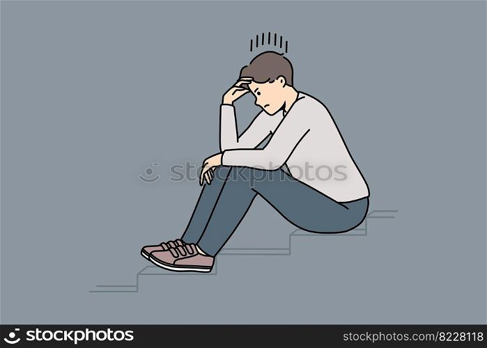Stressed man sit on stairs thinking or making plan. Distressed unhappy guy lost in thoughts having dilemma or issue. Vector illustration. . Stressed man sit on stairs thinking 