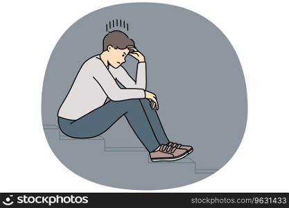 Stressed man sit on stairs thinking or making plan. Distressed unhappy guy lost in thoughts having dilemma or issue. Vector illustration.. Stressed man sit on stairs thinking