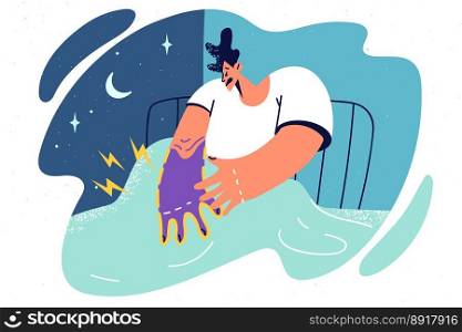 Stressed man wakeup at night struggle with hand numbness. Distressed male awaken having numb arm suffer from neurology problems. Vector illustration. . Stressed man wakeup at night with hand numbness