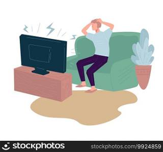Stressed man watching upsetting news on tv, isolated male character sitting on sofa looking at screen holding head with hands. Guy at home, panic because of coronavirus, vector in flat style. Worried man watching tv at home, panic and stress