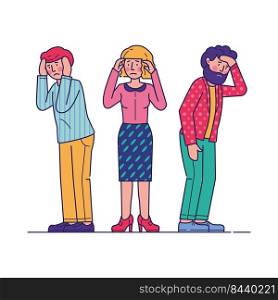 Stressed men and woman feeling headache. Tired sad people holding head, having health problems. Vector illustration for depression, stress, migraine, trouble concept