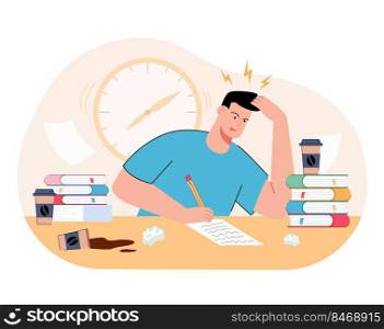 Stressed millennial guy studying before college exams. Distressed student meeting deadline doing assignment preparing for test at home with books. Flat vector illustration.
