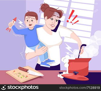 Stressed mother at home flat vector illustration. Mom cooking food, talking on phone and holding son on hands cartoon characters. Multitasking woman. Morning routine anxiety. Maternity leave