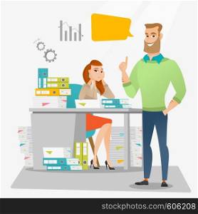 Stressed office worker looking at her happy employer. Stressful employee sitting at workplace with many stacks of papers. Concept of stress at work. Vector flat design illustration. Square layout.. Stressed female office worker and her employer.