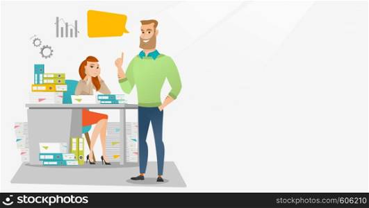 Stressed office worker looking at her happy employer. Stressful employee sitting at workplace with many stacks of papers. Concept of stress at work. Vector flat design illustration. Horizontal layout.. Stressed female office worker and her employer.