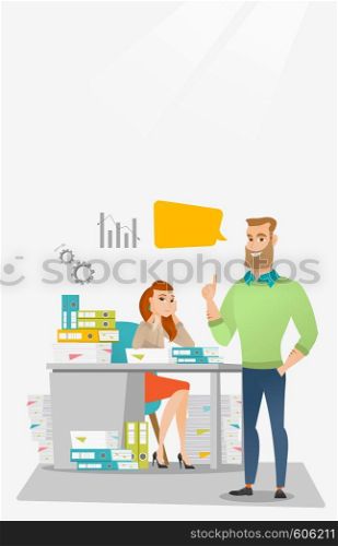 Stressed office worker looking at her happy employer. Stressful employee sitting at workplace with many stacks of papers. Concept of stress at work. Vector flat design illustration. Vertical layout.. Stressed female office worker and her employer.