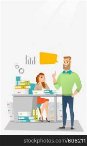 Stressed office worker looking at her happy employer. Stressful employee sitting at workplace with many stacks of papers. Concept of stress at work. Vector flat design illustration. Vertical layout.. Stressed female office worker and her employer.