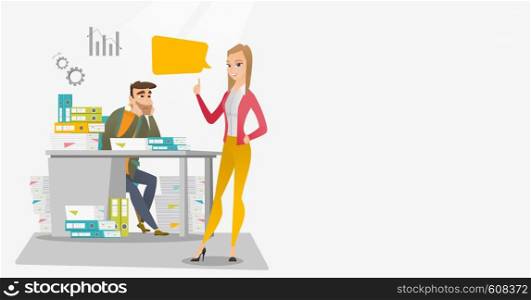 Stressed office worker looking at his happy employer. Stressful employee sitting at workplace with many stacks of papers. Concept of stress at work. Vector flat design illustration. Horizontal layout.. Stressed office worker and his employer.