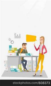 Stressed office worker looking at his happy employer. Stressful employee sitting at workplace with many stacks of papers. Concept of stress at work. Vector flat design illustration. Vertical layout.. Stressed office worker and his employer.