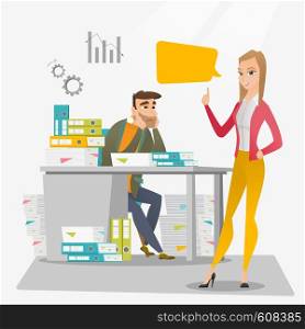 Stressed office worker looking at his happy employer. Stressful employee sitting at workplace with many stacks of papers. Concept of stress at work. Vector flat design illustration. Square layout.. Stressed office worker and his employer.