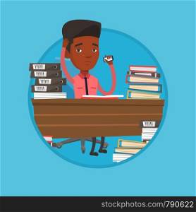 Stressed office worker. Overworked man feeling stress from work. Stressful employee sitting at workplace. Stress at work concept. Vector flat design illustration in the circle isolated on background.. Stressed man working in office vector illustration