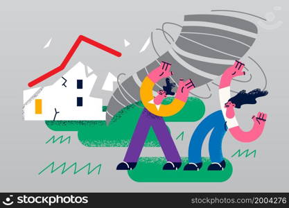 Stressed people saving from strong powerful tornado running town. Distressed man and woman suffer from natural disaster. Environment catastrophe, damage concept. Flat vector illustration. . People saving from powerful tornado in city