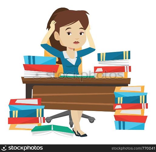 Stressed student studying with textbooks. Caucasian student studying hard before exam. Desperate female student studying in the library. Vector flat design illustration isolated on white background.. Student sitting at the table with piles of books.