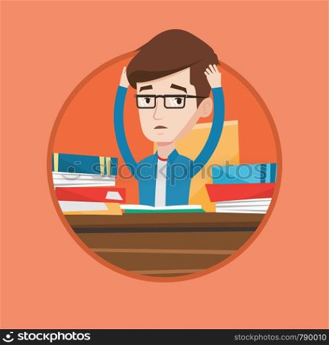 Stressed student studying with textbooks. Caucasian student studying hard before exam. Desperate student studying in the library. Vector flat design illustration in the circle isolated on background.. Student sitting at the table with piles of books.