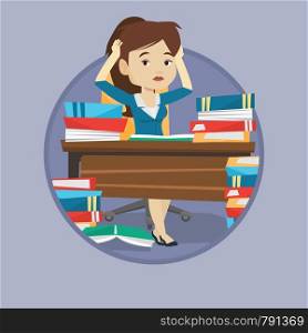 Stressed student studying with textbooks. Caucasian student studying hard before exam. Desperate student studying in the library. Vector flat design illustration in the circle isolated on background.. Student sitting at the table with piles of books.
