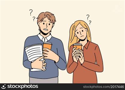 Stressed students with coffee to go and paperwork feel frustrated with exam preparation. Unhappy colleagues distressed with work deadline, prepare research. Overwork. Vector illustration.. Stressed students feel frustrated with deadline
