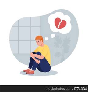 Stressed teen boy sit alone thinking of break up 2D vector isolated illustration. Adolescent child upset over relationship issue flat characters on cartoon background. Teenager problem colourful scene. Stressed teen boy sit alone thinking of break up 2D vector isolated illustration