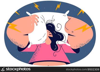 Stressed woman cover ears with pillow suffer from noise. Upset unhappy female bothered annoyed with loud noises. Vector illustration.. Stressed woman cover ears with pillow