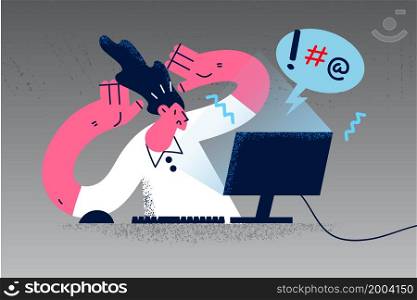 Stressed woman employee look at computer screen frustrated with internet error or mistake. Confused businesswoman distressed with PC breakdown. Virus or spam concept. Vector illustration. . Stressed woman frustrated with problem on computer