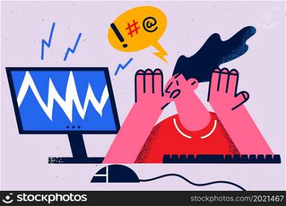 Stressed woman look at computer screen frustrated with device breakdown or malfunction. Distressed female confused with PC internet virus or spam. Technology problem. Vector illustration. . Stressed woman frustrated by virus or spam on computer