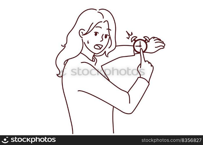 Stressed woman point at watch feeling distressed about deadline. Worried girl frustrated with missed time or appointment. Vector illustration.. Stressed woman point at clock frustrated by deadline