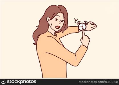 Stressed woman point at watch feeling distressed about deadline. Worried girl frustrated with missed time or appointment. Vector illustration.. Stressed woman point at clock frustrated by deadline