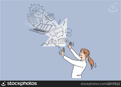 Stressed woman stop information overload spam and email notifications. Distressed female feel frustrated overwhelmed with data stream and load. Censorship and filtering. Flat vector illustration. . Stressed woman stop excessive information overload
