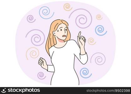 Stressed woman suffer from toxic thoughts in head. Unhappy distressed female struggle repetitive mind scenarios. Mental problem concept. Vector illustration.. Stressed woman suffer with repetitive thoughts