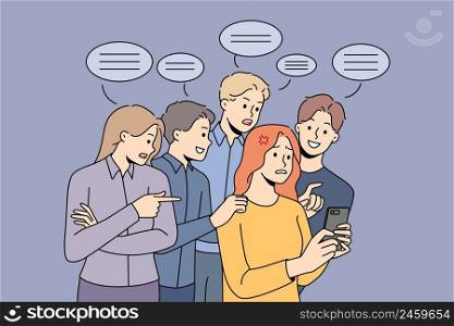 Stressed woman use cellphone have unasked advice from people in background. Unhappy girl feel bothered meddled with public comment and feedback in social media. Vector illustration. . Stressed woman meddled with comment in social media