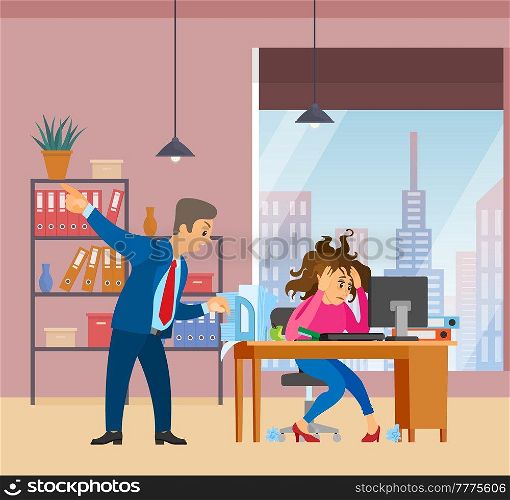 Stressed woman working at computer to finish task. Boss urges employee to complete assignment on time. Angry director with subordinate work to deal with deadline. Manager shouts at office worker. Manager shouts at female office worker. Stressed woman working at computer to finish task on time