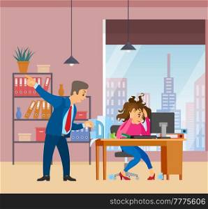Stressed woman working at computer to finish task. Boss urges employee to complete assignment on time. Angry director with subordinate work to deal with deadline. Manager shouts at office worker. Manager shouts at female office worker. Stressed woman working at computer to finish task on time