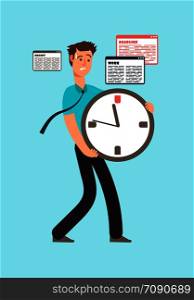 Stressed worker holding clock with running out time. Deadline vector concept. Worker stress holding big watch illustration. Stressed worker holding clock with running out time. Deadline vector concept