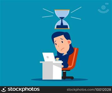 Stressed worker with hourglass that almost run out. Pressure and deadline concept. Cute cartoon vector style
