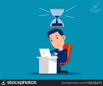 Stressed worker with hourglass that almost run out. Pressure and deadline concept. Cute cartoon vector style