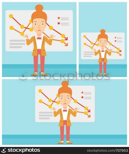 Stressed young business woman standing on the background of a board with decreasing chart. Concept of business bankruptcy. Vector flat design illustration. Square, horizontal, vertical layouts.. Woman with decreasing chart.