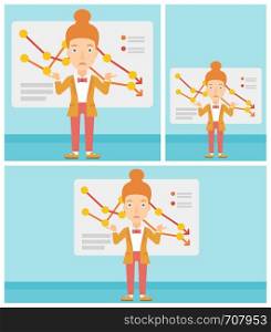 Stressed young business woman standing on the background of a board with decreasing chart. Concept of business bankruptcy. Vector flat design illustration. Square, horizontal, vertical layouts.. Woman with decreasing chart.
