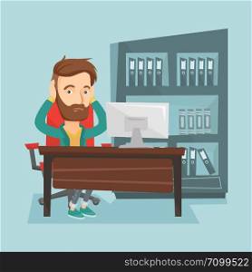 Stressed young hipster office worker. Overworked business man feeling stress from work. Stressed employee sitting at workplace. Stress at work concept. Vector flat design illustration. Square layout.. Stressed employee working in office.