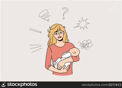 Stressed young mother hold baby in arms feel frustrated with postpartum depression. Anxious single mom feel depressed suffer from psychological mental problems after pregnancy. Vector illustration.. Anxious young mom suffer from postpartum depression