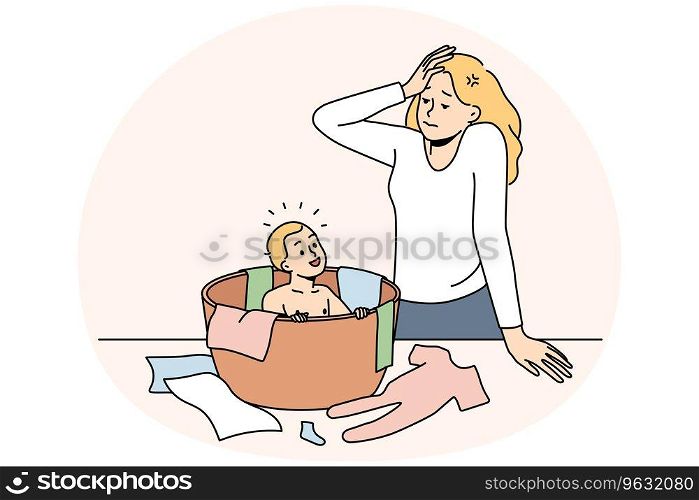 Stressed young woman feel tired with motherhood and small kid. Unhappy frustrated mother exhausted with toddler and parenthood. Vector illustration.. Tired woman exhausted with motherhood