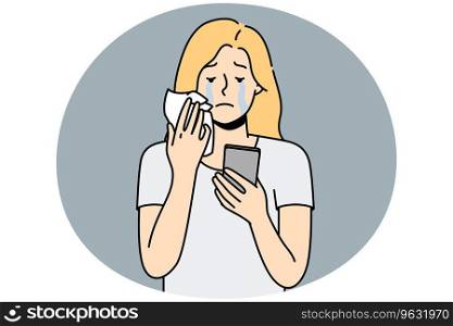 Stressed young woman look at cellphone screen crying. Unhappy girl suffer from bad message or breakup notice on smartphone. Vector illustration.. Unhappy woman look at cell screen crying