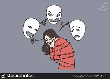 Stressed young woman surrounded by diverse masks suffer from mental disease or depression. Unhappy girl tied with wires of psychological illness. Bipolar disorder, psychiatry. Vector illustration. . Stressed woman struggle with mental illness