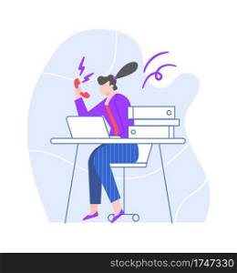 Stressful woman at workplace speak on phone. Woman stress telephone, problem speak by phone, vector female, at computer illustration. Stressful woman at workplace speak on phone