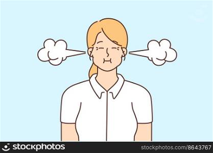 Stressful woman with smoke coming from ears feeling furious and mad. Unhappy girl suffer from madness and anger. Emotional control and fury. Vector illustration. . Stressful woman with smoke coming from ears