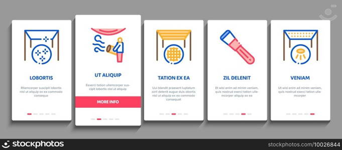Stretch Ceiling Tile Onboarding Mobile App Page Screen Vector. Ceiling Material And Photo Layer, Laser And Heating Equipment, Screwdriver And Ladder Illustrations. Stretch Ceiling Tile Onboarding Elements Icons Set Vector